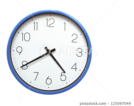 Wall clock with blue frame showing 4.40 04.40 or 16.40 O clock  on white background, suitable for time related articles, education, or punctuality concepts 125097049