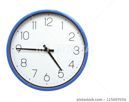 Wall clock with blue frame showing 4.45 04.45 or 16.45 O clock on white background, suitable for time related articles, education, or punctuality concepts Wall clock with blue frame showing 4.45 04.45 or 16.45 O clock on white background, suitable for time related articles, education, or punctuality concepts 125097050