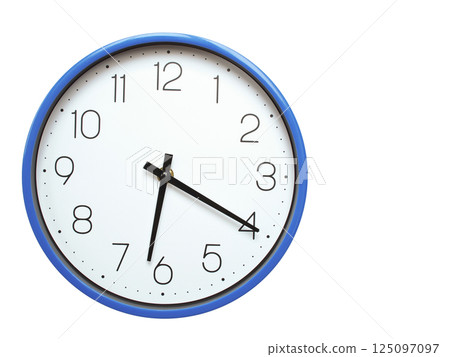 Wall clock with blue frame showing 6.20 06.20 or 18.20 O clock  on white background, suitable for time related articles, education, or punctuality concepts 125097097