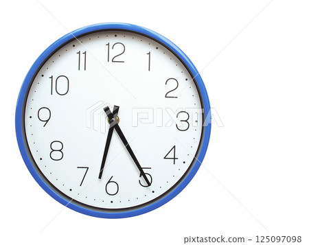 Wall clock with blue frame showing 6.25 06.25 or 18.25 O clock  on white background, suitable for time related articles, education, or punctuality concepts 125097098