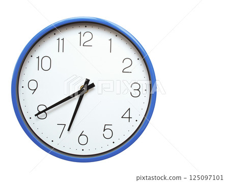 Wall clock with blue frame showing 6.40 06.40 or 18.40 O clock  on white background, suitable for time related articles, education, or punctuality concepts 125097101