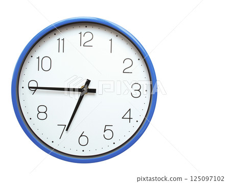 Wall clock with blue frame showing 6.45 06.45 or 18.45 O clock  on white background, suitable for time related articles, education, or punctuality concepts 125097102