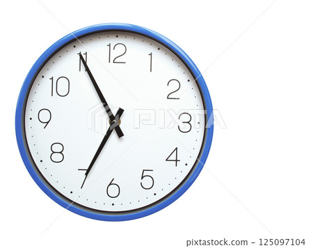 Wall clock with blue frame showing 6.55 06.55 or 18.55 O clock on white background, suitable for time related articles, education, or punctuality concepts Wall clock with blue frame showing 6.55 06.55 or 18.55 O clock on white background, suitable for time related articles, education, or punctuality concepts 125097104