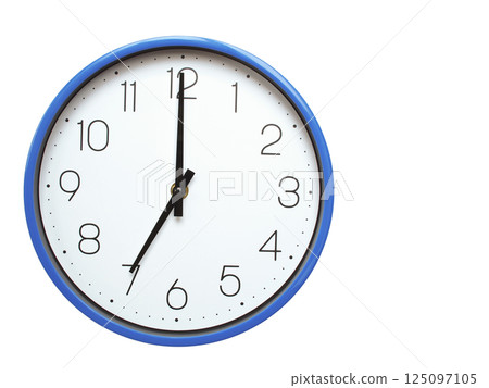 Wall clock with blue frame showing 7.00 07.00 or 19.00 O clock on white background, suitable for time related articles, education, or punctuality concepts Wall clock with blue frame showing 7.00 07.00 or 19.00 O clock on white background, suitable for time related articles, education, or punctuality concepts 125097105