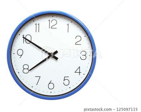 Wall clock with blue frame showing 7.50 07.50 or 19.50 O clock  on white background, suitable for time related articles, education, or punctuality concepts 125097115