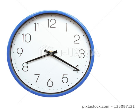 Wall clock with blue frame showing 8.20 08.20 or 20.20 O clock on white background, suitable for time related articles, education, or punctuality concepts Wall clock with blue frame showing 8.20 08.20 or 20.20 O clock on white background, suitable for time related articles, education, or punctuality concepts 125097121