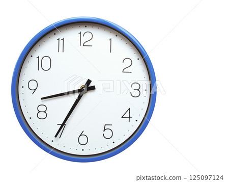 Wall clock with blue frame showing 8.35 08.35 or 20.35 O clock  on white background, suitable for time related articles, education, or punctuality concepts 125097124