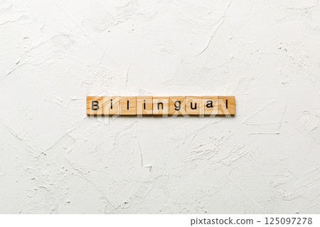 bilingual word written on wood block. bilingual text on table, concept bilingual word written on wood block. bilingual text on table, concept 125097278