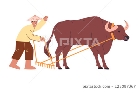 Farmer cultivating land traditional way using ox buffalo animal flat illustration cartoon agricultural farming activities Farmer cultivating land traditional way using ox buffalo animal flat illustration cartoon agricultural farming activities 125097367