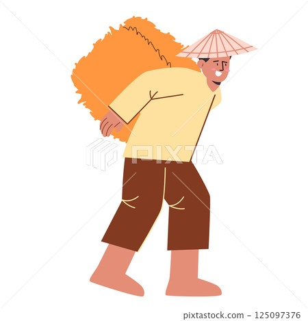 Farmer bring pile of hay straw paddy rice farming harvesting peasant with hat working flat illustration cartoon 125097376