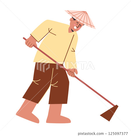 Peasant using hoes hoe farmer prepare cultivating land wearing hat working flat illustration cartoon agricultural farming 125097377