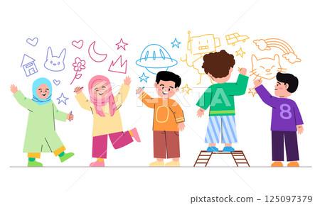 Diverse kids scribble doodling drawing on wall together with group of children friends creativity school kindergarten elementary Diverse kids scribble doodling drawing on wall together with group of children friends creativity school kindergarten elementary 125097379