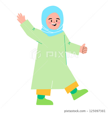 Girl children waving happy greetings colorful character of beautiful adorable Arab girl wearing hijab veil 125097381