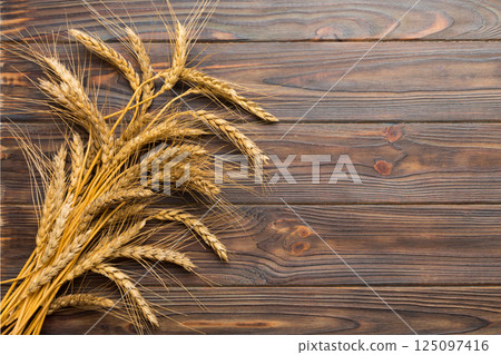 Sheaf of wheat ears close up and seeds on colored background. Natural cereal plant, harvest time concept. Top view, flat lay with copy space. world wheat crisis 125097416