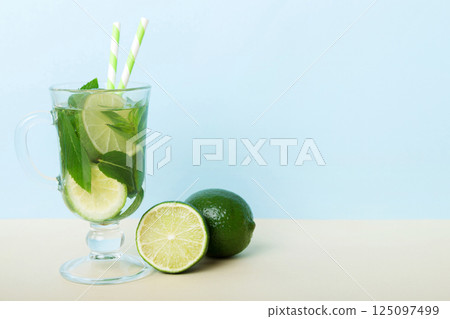 Mojito summer refreshing cocktail with ice and mint. mojito cocktail with lime, lemon and mint in a tall glass with a stick Mojito summer refreshing cocktail with ice and mint. mojito cocktail with lime, lemon and mint in a tall glass with a stick 125097499
