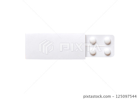 Blank White Product Package Box Mock-up. Open blank medicine drug box with blister top view 125097544