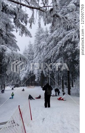 snow-covered descent from the mountain for sledding in the snow-covered forest on the Wasserkuppe mountain in Hesse snow-covered descent from the mountain for sledding in the snow-covered forest on the Wasserkuppe mountain in Hesse 125097769