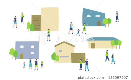 Illustration of people visiting a housing exhibition center 125097907