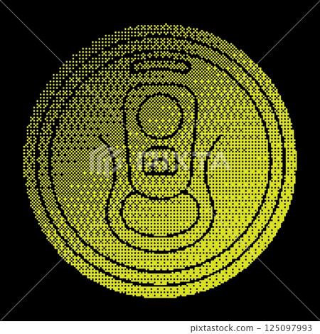 Pixel aluminum soda can top view halftone silhouette icon. Metal beer can with key to open from high angle. Simple black and yellow vector isolated on black 125097993