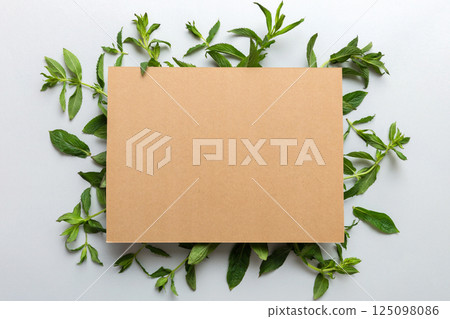 Wreath frame made of empty paper blank with space for text and mint leaves on colored background. . Mint Pattern. Flat lay. Top view Wreath frame made of empty paper blank with space for text and mint leaves on colored background. . Mint Pattern. Flat lay. Top view 125098086