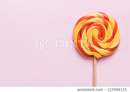 Set of colorful lollipops on colored background. Summer concept. Party Happy Birthday or Minimalist Concept 125098135