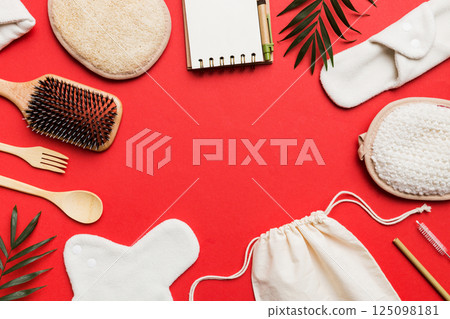 Zero waste concept. Eco-friendly home daily accessories. top view 125098181