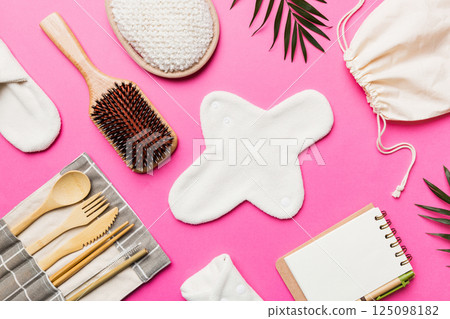 Zero waste concept. Eco-friendly home daily accessories. top view 125098182