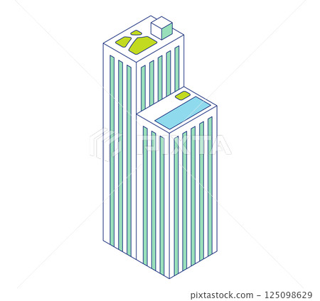 簡單的建築等距圖。帶有游泳池的高層公寓大樓的圖示。 簡單的建築等距圖。帶有游泳池的高層公寓大樓的圖示。 125098629