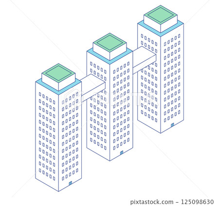簡單的建築等距圖。由連接橋連接的三棟高層公寓大樓圖示素材。 125098630