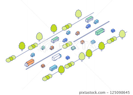 Isometric road illustration. A large road with cars, trucks and buses passing by. 125098645