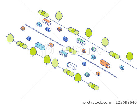Isometric road illustration. A large road with cars, trucks and buses passing by. 125098646