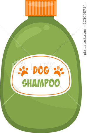 Cartoon-style, green bottle of shampoo for canines, with a orange cap and label with paw prints. 125098734