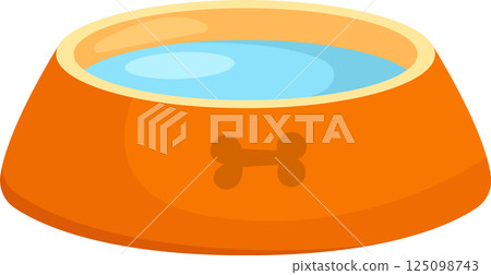 Cartoon drawing of an orange pet bowl filled with fresh, clean water with a bone design on the side. Cartoon drawing of an orange pet bowl filled with fresh, clean water with a bone design on the side. 125098743