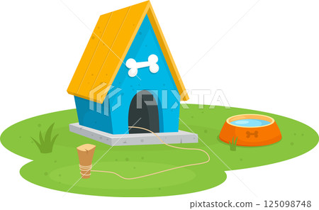 A cartoonish illustration of a dog house and a water bowl on a green lawn. A cartoonish illustration of a dog house and a water bowl on a green lawn. 125098748