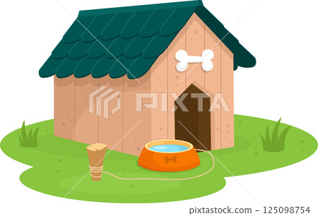 Illustration of a doghouse with a bone decoration, water bowl, and tether post on a grassy lawn. 125098754