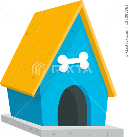 Cartoon dog house: A whimsical blue structure with a bone symbol, inviting and fun for furry friends. Cartoon dog house: A whimsical blue structure with a bone symbol, inviting and fun for furry friends. 125098762