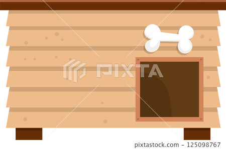 Whimsical illustration of a wooden doghouse with a bone decoration and inviting dark entrance. Cute, simple design. Whimsical illustration of a wooden doghouse with a bone decoration and inviting dark entrance. Cute, simple design. 125098767