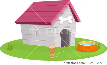Whimsical dog house, complete with water bowl and chew toy, sits on a patch of green grass. 125098770