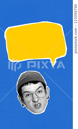 Contemporary art collage. Man in beanie and glasses with skeptical expression under yellow speech bubble. Concept of comment, social media critique Contemporary art collage. Man in beanie and glasses with skeptical expression under yellow speech bubble. Concept of comment, social media critique 125098790