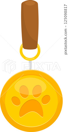A golden medallion with a paw print hanging from a brown tag and golden ring on a black backdrop. 125098817