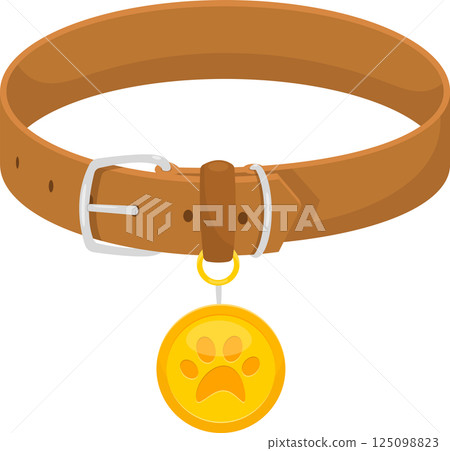 Leather pet collar with golden ID tag. Animal accessory for safety and identification with paw print. Leather pet collar with golden ID tag. Animal accessory for safety and identification with paw print. 125098823