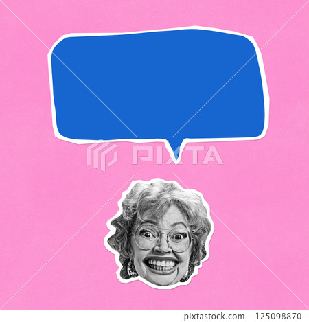 Conceptual artwork. Elderly woman with exaggerated smile under blue speech bubble on pink background. Concept of energetic feedback Conceptual artwork. Elderly woman with exaggerated smile under blue speech bubble on pink background. Concept of energetic feedback 125098870