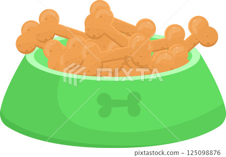 Cartoon image displaying a green dog food bowl overflowing with bone shaped treats on a black background. 125098876