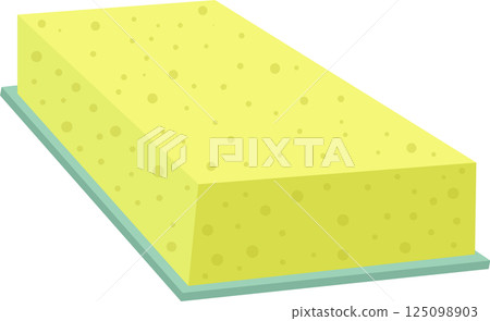 A cartoon illustration of a yellow, porous sponge sitting on top of a gray, rectangular tray. A cartoon illustration of a yellow, porous sponge sitting on top of a gray, rectangular tray. 125098903