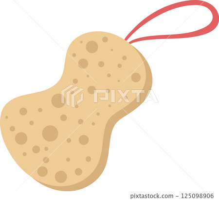 A tan-colored, porous bath sponge with a red loop, designed for cleaning and personal hygiene routines. A tan-colored, porous bath sponge with a red loop, designed for cleaning and personal hygiene routines. 125098906
