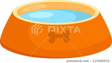 Cartoon drawing of an orange pet water bowl with a bone emblem filled with clear blue drinking water. 125098910