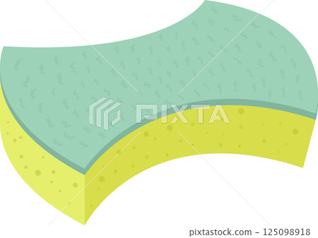 A cartoon image of a two-layered sponge with a light blue scrubbing surface and a yellow porous layer. 125098918