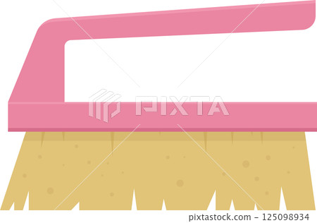 Illustration of a scrubbing brush with a pink handle and tan bristles, isolated on a black background. 125098934