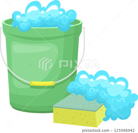 Cleaning supplies featuring a bucket filled with soapy water and a sponge covered in suds next to it. Cleaning supplies featuring a bucket filled with soapy water and a sponge covered in suds next to it. 125098942