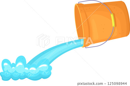 Bucket tilted, pouring out flowing water. Light blue liquid stream animation against a black background. 125098944